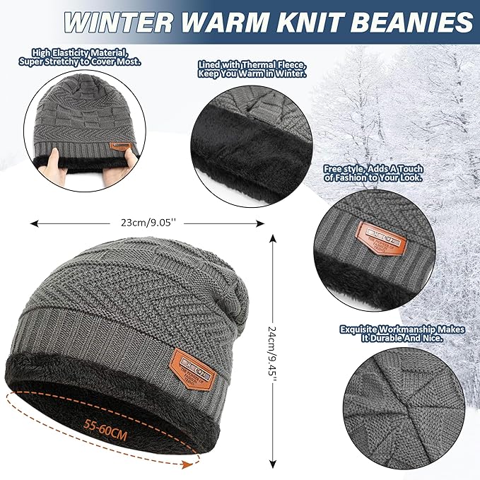 FZ FANTASTIC ZONE Mens Womens Winter Beanie Hat Scarf Set Warm Knit Thick Fleece Lined Skull Cap Neck Warmer for Men Women