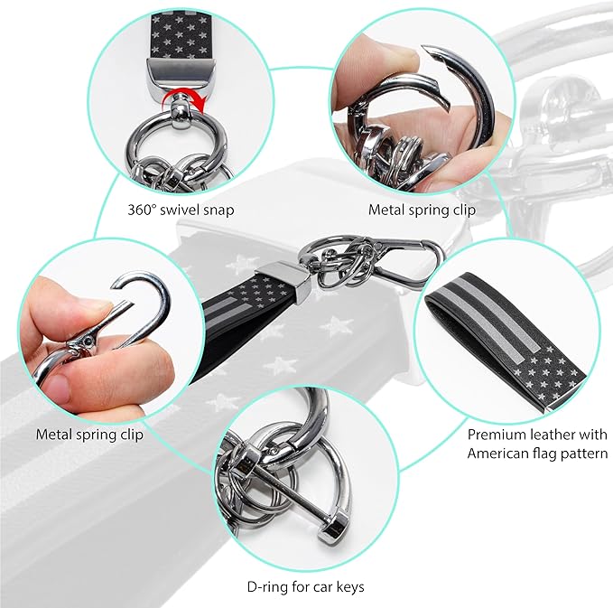 Car Key Chain, Leather Cars Keychains for Men, American Usa Flag Key Chains with Anti-Lost D-Ring Men Car Accessories