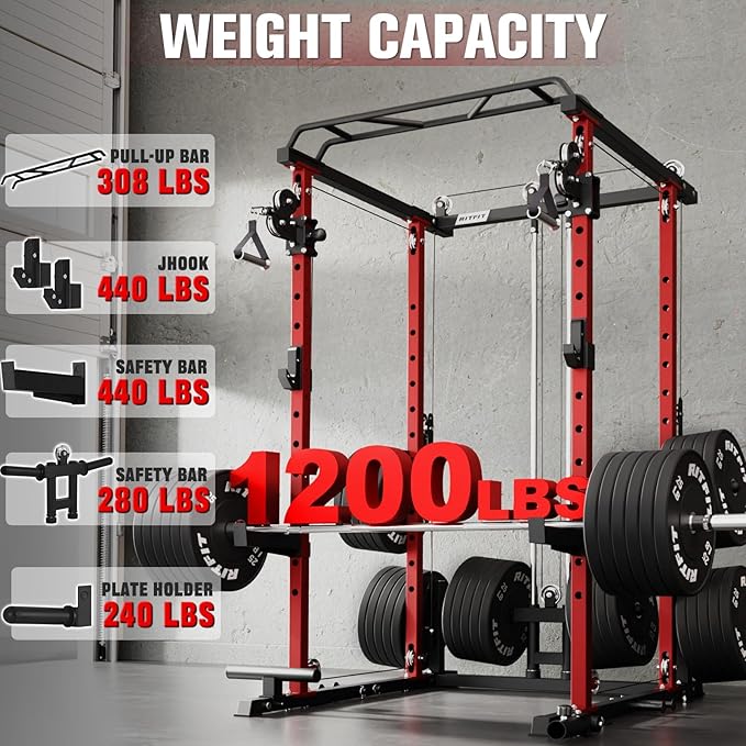 RitFit Upgraded PPC-P3 Power Cage, 3-in-1 Home Gym with Aluminum Pulley System, 1200LBS Capacity, Includes LAT Pulldown, Landmine, J-Hooks & 20+ Attachments, Fits Compact Spaces Black Red