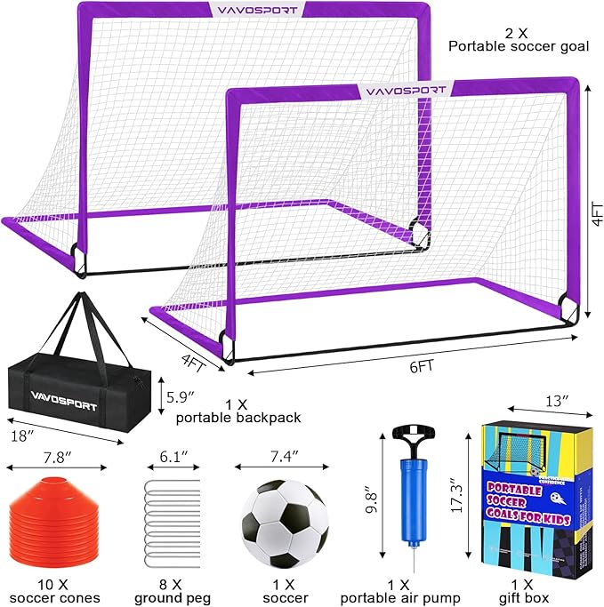 Soccer Goal, 2 of 6'x4' Kids Soccer Goals for Backyard Set, Portable Pop Up Soccer Net, Practice Soccer Training Equipment with Ball, Cones for Toddler,Youth Sports Outdoor Games Yard Play