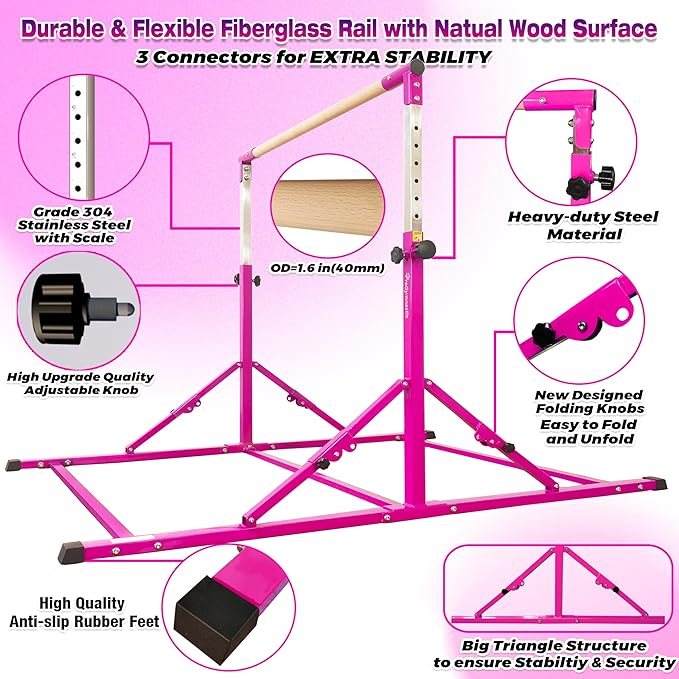 PreGymnastic Foldable Gymnastics Bar, 6FT Horizontal Bars, Folding Training Bar for Kids Ages 3-18, Weight Limit 500 LB, Adjustable kip Bar,Home Gym Equipment Indoor