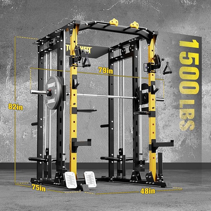 ToughFit F4 Smith Machine, Power cage with Adjustable Cable Crossover System, All-in-One Squat Rack Training Equipment for Home Gym