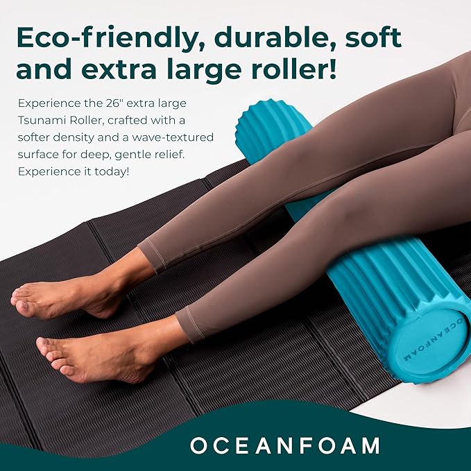 Oceanfoam Tsunami Roller (Miami Blue) - Extra-Large, 26" x 5.9" - Soft, Textured Foam Roller for Physical Therapy, Back Pain, Exercise & Stretching - Wave Textured - Yoga, Athletics, & Wellness