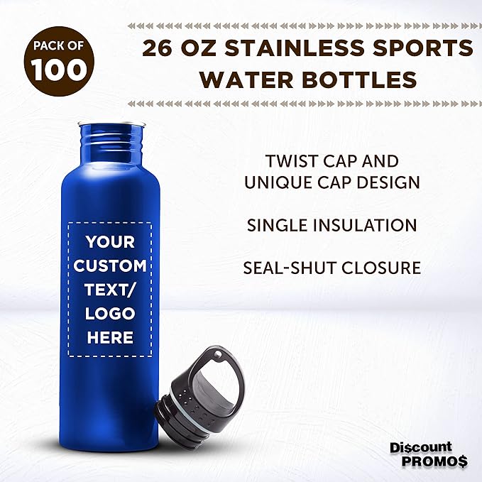 DISCOUNT PROMOS Custom Stainless Steel Water Bottles 26 oz. Set of 100, Personalized Bulk Pack - Reusable, Leak Proof, Perfect for Gym, Hiking, Camping, Outdoor Sports - Met Blue
