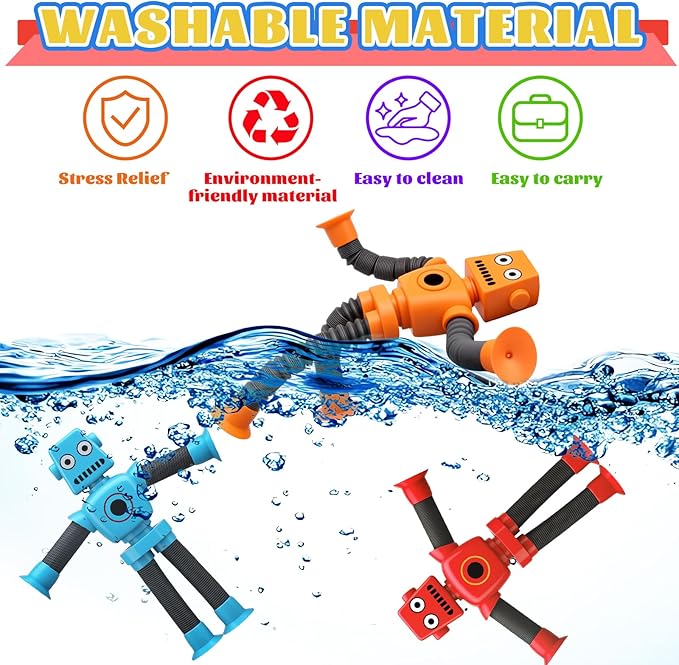 16PCS Suction Cup Robot Toy, Transformable Telescopic Pop Tubes Sensory Toy for Kids Adults, Funny Robot Action Figure Bendable Fidget Toy Gift Birthday Party Favors Christmas