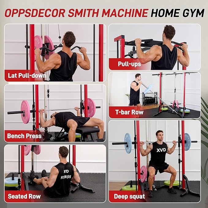 Smith Machine Power Cage Squat Rack with LAT-Pull Down System, 1000LBS Capacity, Landmine, Barbell Bar, Plate Storage Pegs and More Training Attachment for Garage Workout & Home Gym