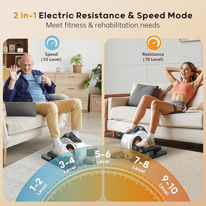 Under Desk Elliptical, 2-in-1 Electric Pedal Exerciser for Seniors, 10 Resistance Levels, 10 Speeds, 3 Auto Modes, Quiet Leg Exerciser with Remote, Fully Assembled, Non-Slip Pedals