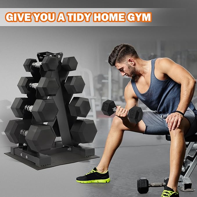 Fitvids 150 LB Rubber Coated Hex Dumbbell Set with Storage Rack, 5-25LB Hand Weight Set with Anti-Slip Grip for Home Gym