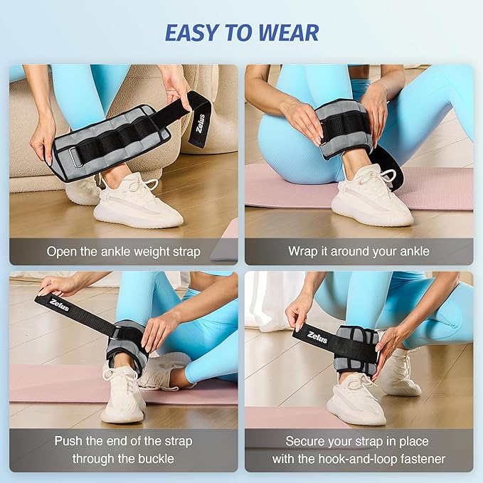 ZELUS 1 Pair Adjustable Ankle Weights, 2 4 6 8 10 lb Modularized Leg Weight Straps for Women Men, Weighted Ankle Weight Set with Removable Sandbags, 1-5 lb per Ankle Strap for Gym Yoga Jogging Walking