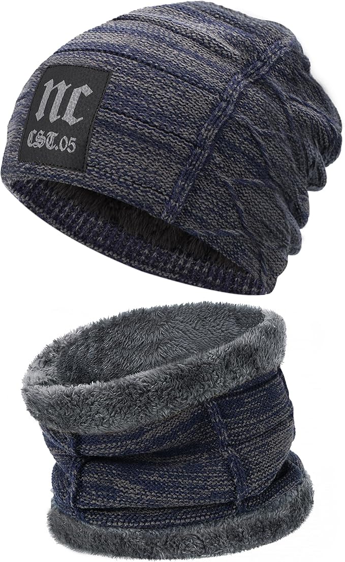 FZ FANTASTIC ZONE Mens Womens Winter Beanie Hat Scarf Set Warm Knit Thick Fleece Lined Skull Cap Neck Warmer for Men Women