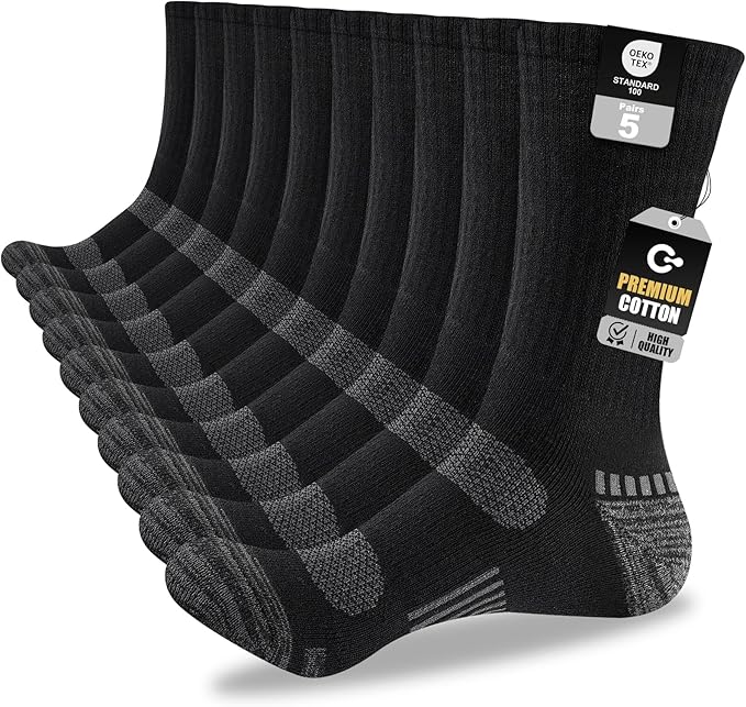 Mens Cotton Boot Crew Socks, 5 Pairs Full Cushion Socks Moisture-Wicking & Reinforced for Work Hiking Walking Outdoor