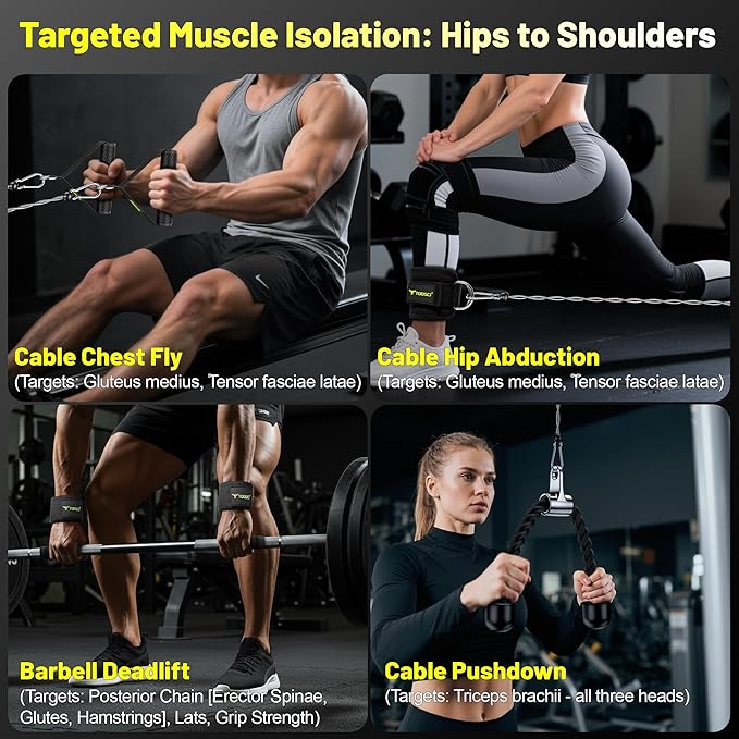 Cable Attachments for Gym, LAT Pulldown & Cable Machine Attachment Set: V-Shaped Bar, Rotating Straight Bar, V Rotation Handle, Nylon Tricep Rope, Ankle Straps & Handles, Home Gym