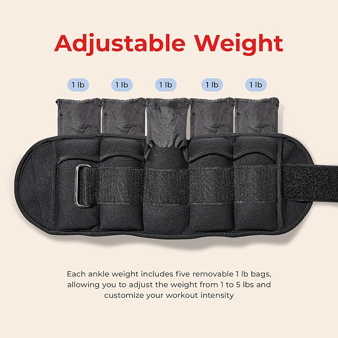 Sunny Health & Fitness Ankle Weights for Women, Men & Kids – Adjustable 1–5 lb Pair | Wrist, Arm & Leg Weights for Walking, Pilates, Yoga & Cardio