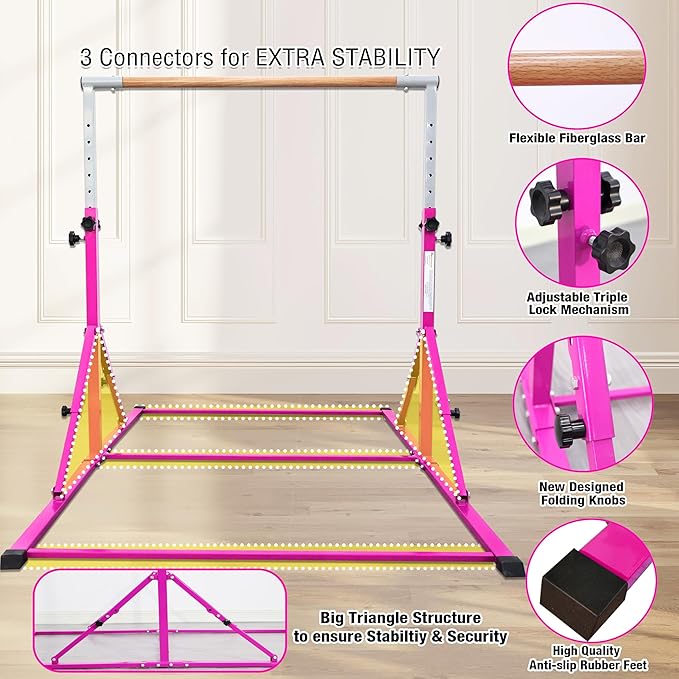 PreGymnastic Foldable Gymnastics Bar, 5.6FT Folding Horizontal Bars for Kids Ages 3-12, Weight Limit 350 LBS, Adjustable kip Bar, Children Home Gym Equipment Indoor