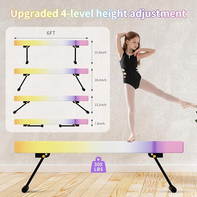 EL&IT·Wings 6ft/8ft Gymnastic Balance Beam, Adjustable High and Low Level Floor Beam - Highly Stable - Gym Practice Training Equipment for Kids Children Girls Home
