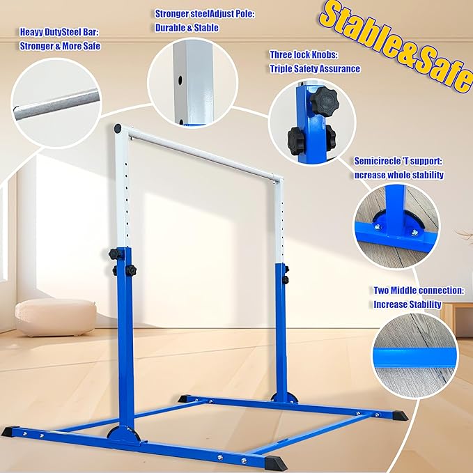 MARFULA Gymnastic Bar with 4 ft Inner Width 5 ft Adjust Height for Kids Kip Bar with 350 lbs Gymnastic Training Equipment for Kids 3-15 Years Home and Club Use