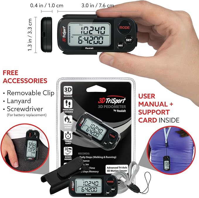 Realalt 3DTriSport Walking 3D Pedometer with Clip & Strap, eBook Included 30 Days Memory Accurate Step Counter, Walking Distance Miles/Km, Calorie Counter, Daily Exercise Time Monitor