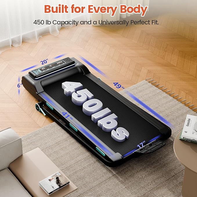 Treadmill with 12% 11-Level Auto Incline, Walking Pad with Handle Bar, 450 lbs Capacity, Under Desk Foldable Treadmills with Bluetooth Speaker, Powerful Walking Pad for Home, APP Connect