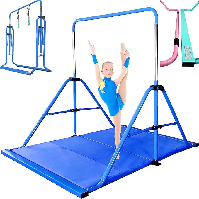 PreGymnastic Folding Gymnastics Bar with Rings, Foldable Kip Bar with Sturdier Base, Training Bar for Kids Ages 3-10, Horizontal Bar, Home Gym Equipment for Boy Girl