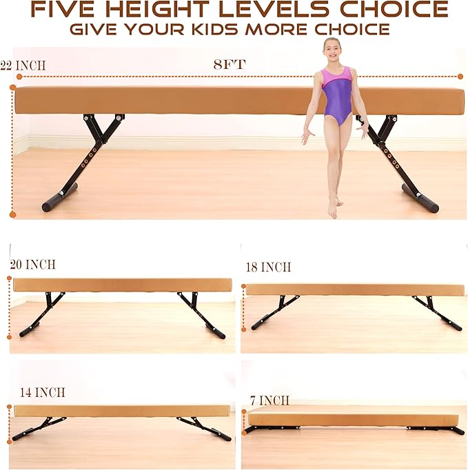 8 Ft Gymnastic Balance Beam with Adjustable Height From7 inch to 22 inch for Kids Children Home Practice, Adjustable Balance Beam with Leg, High and Low Floor Gymnatic Training Beam