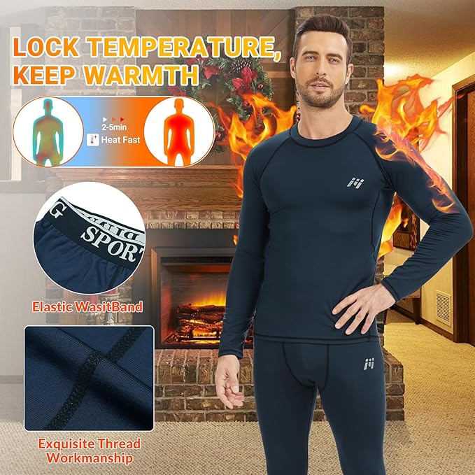 Men Thermal Underwear Set Long Johns with Fleece Lined Base Layer Men Cold Weather Top Bottom for Skiing Running