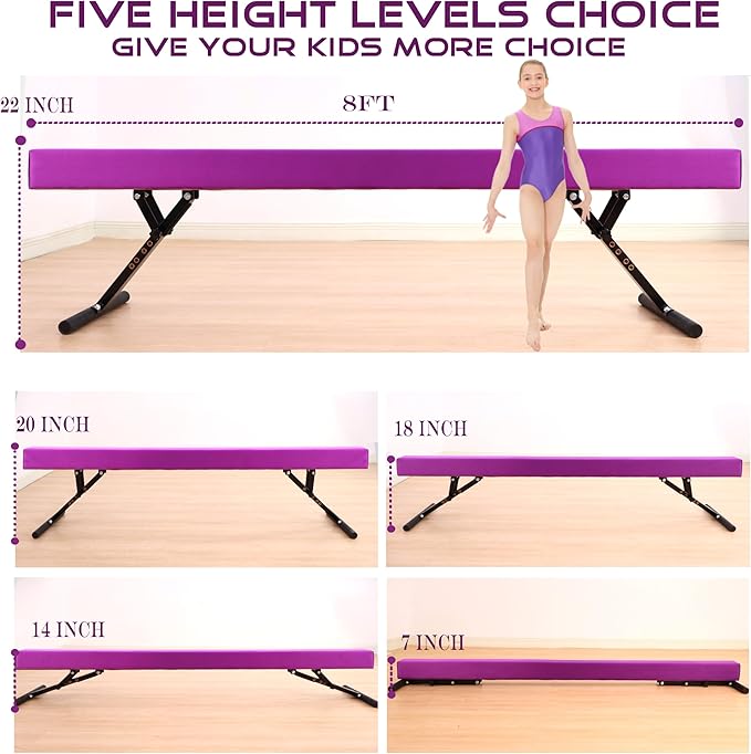 8 Ft Gymnastic Balance Beam with Adjustable Height From7 inch to 22 inch for Kids Children Home Practice, Adjustable Balance Beam with Leg, High and Low Floor Gymnatic Training Beam