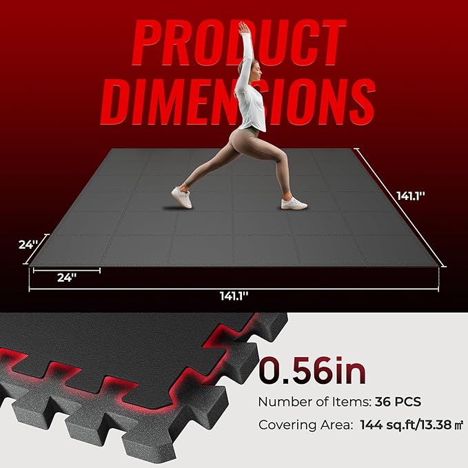 SUPERJARE 0.56'' Thick 36 Pcs 144 Sq Ft Rubber Top Exercise Equipment Mats, High Density EVA Foam Mats with Rubber Top, Interlocking Gym Flooring for Home Gym, Protective Workout Mat, Black