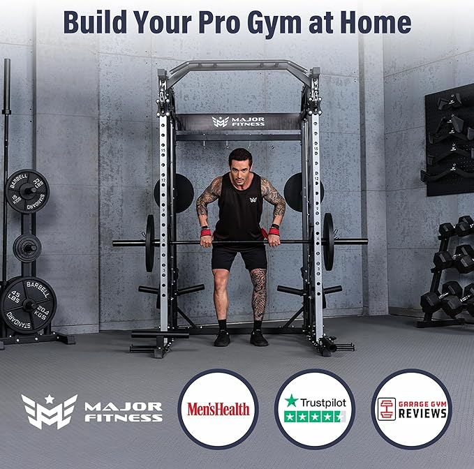 Major Fitness Drone2 Advanced Training Smith Machines– All-in-One Home Gym Squat Rack with Aluminum Pulley Set , Weight Bar, Dual LAT Pull-Down Systems & Cable Crossover Machine for Full-Body Workouts