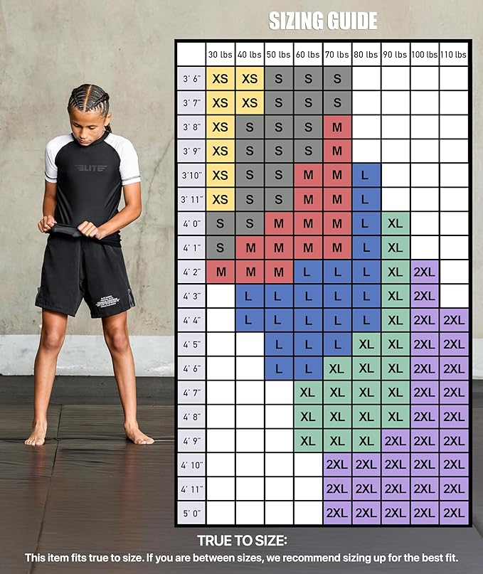 Elite Sports Kids Jiu Jitsu BJJ Rash Guard, Short Half Sleeve Compression Shirt for Youth Boys Girls Sports Nogi Training