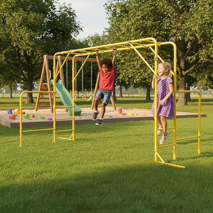 Outdoor Monkey Bars for Kids, Steel Monkey Bars for Backyard, with Climbing and Gymnastics Bar,Free-Standing Playset for Children Age 3-12,Compact for Small Yards, Yellow