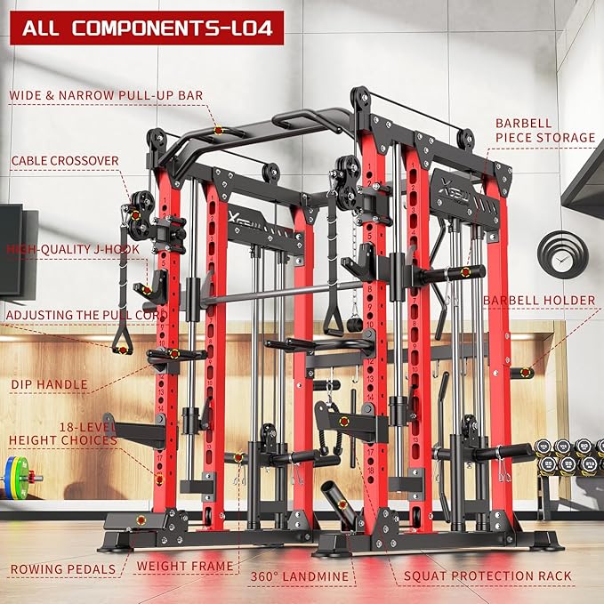 Smith Machine, Multi-Purpose Strength Power Cage with Cable Crossover System and More Training Accessories,Squat Rack Power Rack，Suitable for Home Gyms