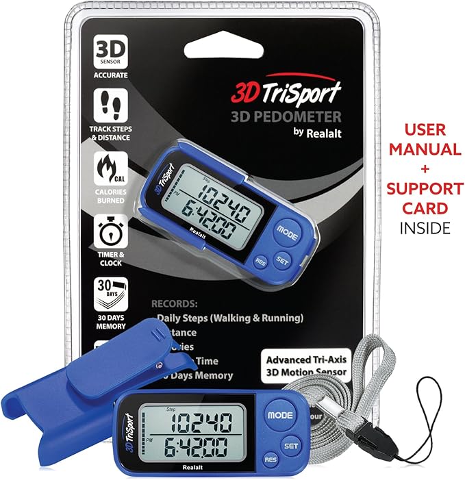 Realalt 3DTriSport Walking 3D Pedometer with Clip & Strap, eBook Included 30 Days Memory Accurate Step Counter, Walking Distance Miles/Km, Calorie Counter, Daily Exercise Time Monitor