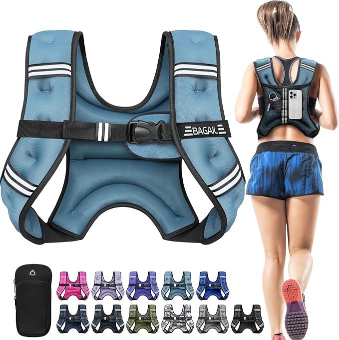 BAGAIL Weighted Vest, 5lb/8lb/10lb/12lb/15lb/20lb/25lb/30lb Weight Vest for Walking & Weight Loss, Reflective Rucking Vest with Phone Pouch for Women & Men, Home Gym & Outdoor Training