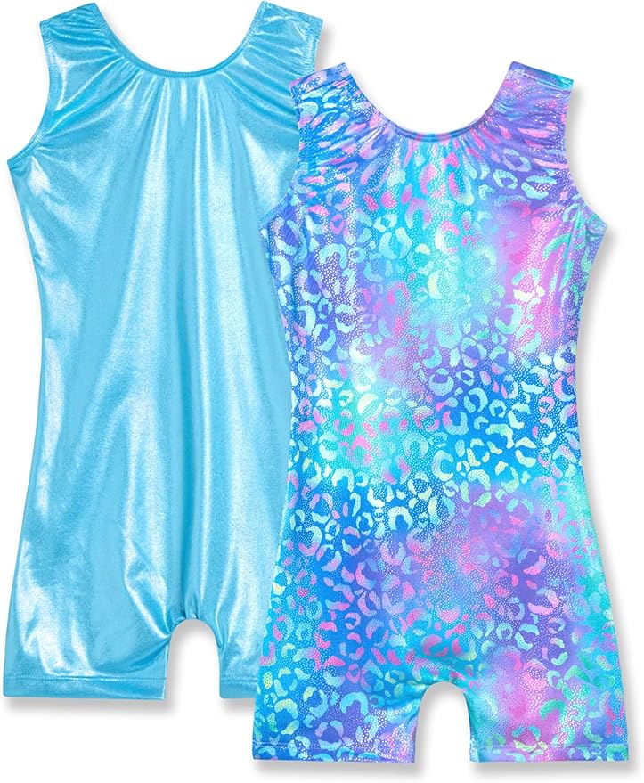 Nymphperi 2 Packs Gymnastics Leotard for Girls Sparkle Biketards with Shorts Kids Sleeveless Unitard One-Piece Dancewear