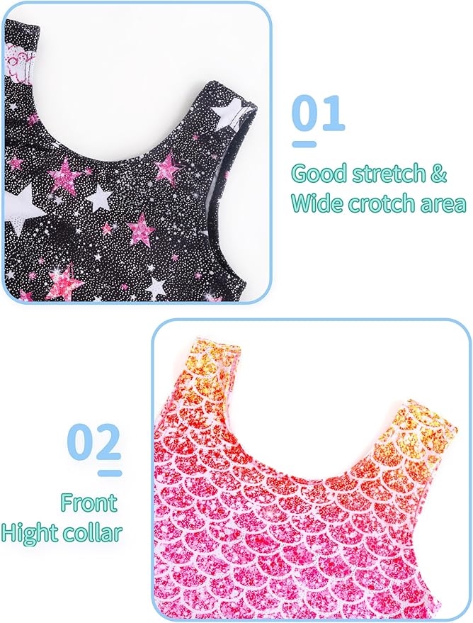 Nymphperi 2 Packs Gymnastics Leotard for Girls Sparkle Biketards with Shorts Kids Sleeveless Unitard One-Piece Dancewear