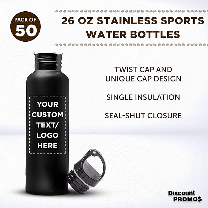 DISCOUNT PROMOS Custom Stainless Steel Water Bottles 26 oz. Set of 50, Personalized Bulk Pack - Reusable, Leak Proof, Perfect for Gym, Hiking, Camping, Outdoor Sports - Black