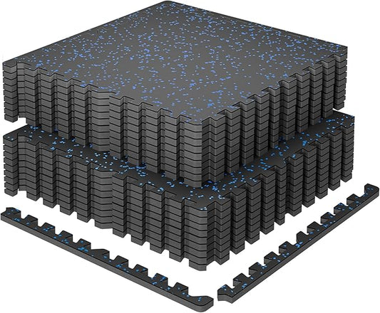 SUPERJARE 0.79'' Extra-Thick Exercise Equipment Mats, 18 Pcs 72 Sq Ft Rubber Top Floor Tiles with High Density EVA Foam, Interlocking Gym Flooring for Home Gym, Workout Mat, Black/Blue