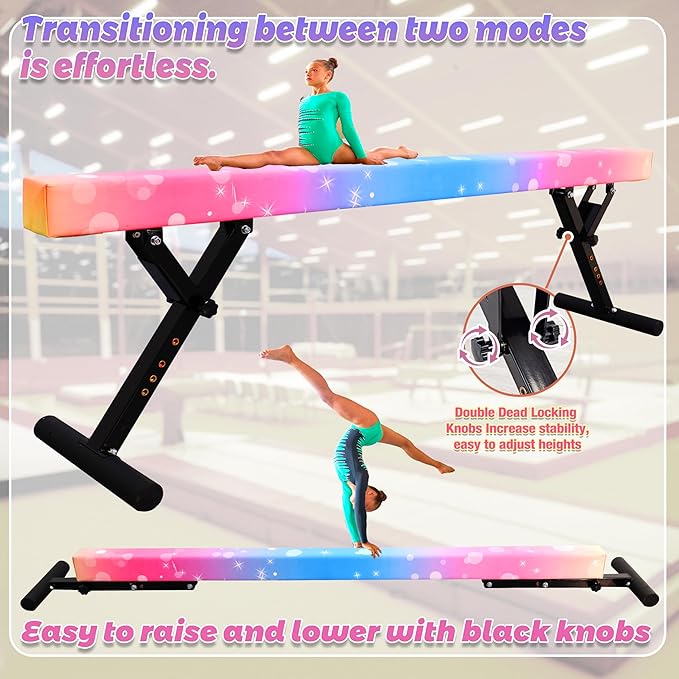 PreGymnastic 8FT Balance Beam, Raised Gymnastics Beam for Kids Ages 3-12, Home Gym Equipment for Training, Adjustable Balancing Beam Indoor, Off-Ground Competition Style