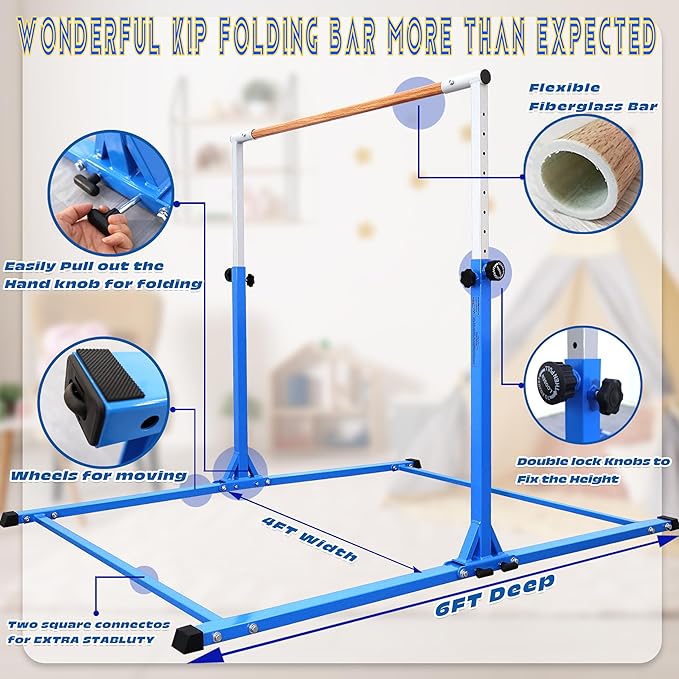 Foldable Gymnastic Bar for Kids Ages 3-20,5FT/6FT Horizontal Bar Base Length,Height Adjustable Kids Training Bar for Gymnastics,Gymnastics Equipment for Home Clubs