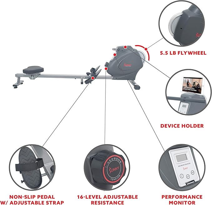 Sunny Health & Fitness Rower w/Long Slide Rail, Cardio Rowing Equipment for Home Gym Training w/LCD Monitor & Device Holder, Optional Free SunnyFit App Bluetooth Connection