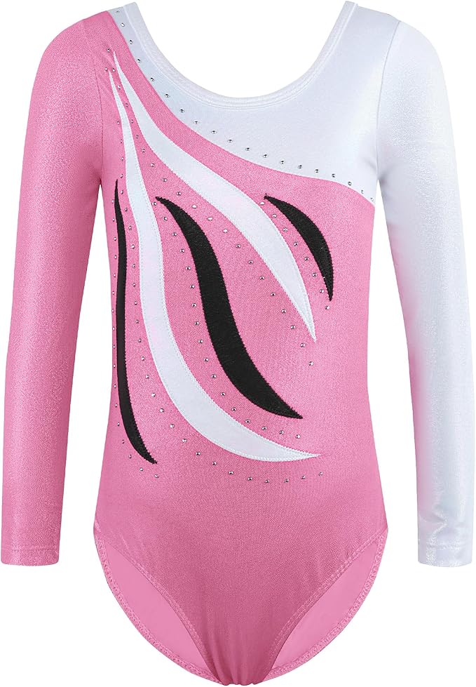 BAOHULU Leotards for Girls Gymnastics Long Sleeve Embroidery Shiny Black Diamond Dance Clothes