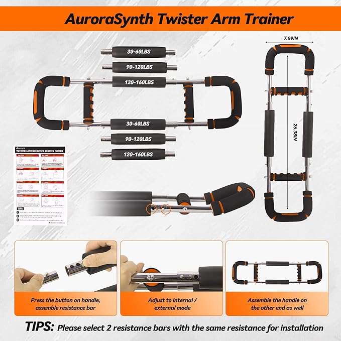 Twister Arm Trainer, Adjustable Chest Workout Equipment with 6 Resistance Levels Springs (30-160 Lbs), Arm Trainer for Men & Women, Detachable Home Gym Fitness Trainer with Anti-Slip Handles