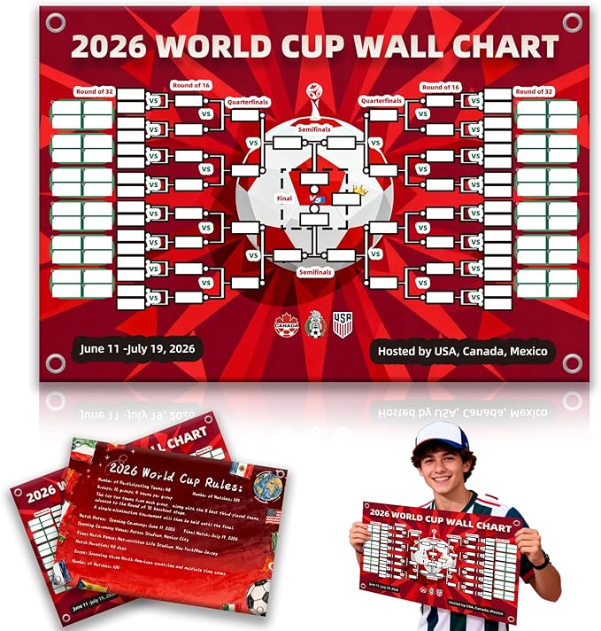 TOKLYUIE 2026 Waterproof 2 in 1 World Cup Soccer Schedule Poster Reusable Tear Resistant Poster for Fan Cave Wall Decor Football Fans Gift