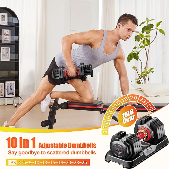 25/55LB Adjustable Dumbbell Set,10 in 1 Free Weights Dumbbell with Anti-Slip Texture Handle,1 Sec Speed Adjustment Men/Women Gym and Home Strength Training Equipment.