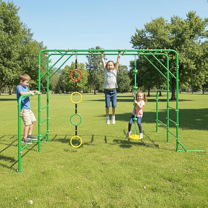 Outdoor Monkey Bars for Kids,Metal Swing Sets for Backyard with 4 Rings Climbing Rope,Monkey Bars Kit with Single Disk Outdoor Climbing Rope with Platforms,Jungle Gym for Playground, Green