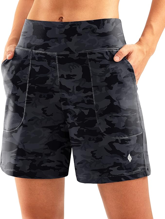 SANTINY Women's 6'' Athletic Long Shorts with 4 Pockets High Waisted Bermuda Shorts for Women Walking Running Casual