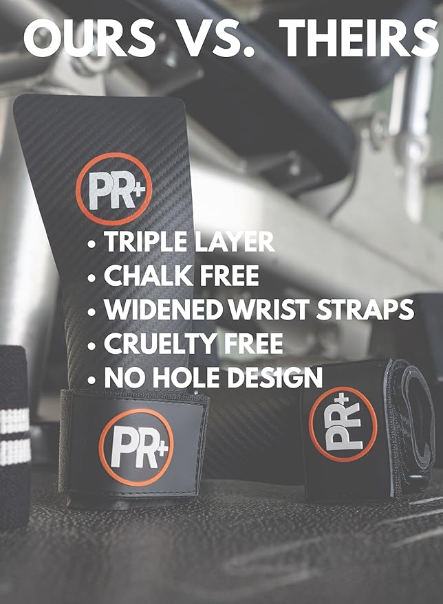 Set of PR+ Gymnastics Hand Grips + 18" Lifting Wrist Wraps for Pull Ups, Weightlifting, WODs & Cross Training – No Hole, Chalk-Free Gloves, Triple Layer Hand Protection & Wrist Support - Great Gift