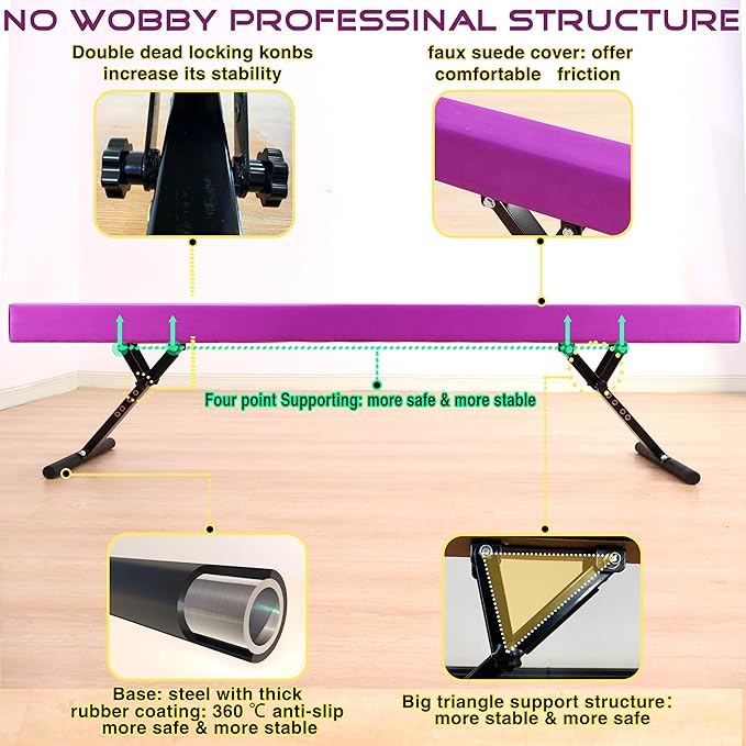 8 Ft Gymnastic Balance Beam with Adjustable Height From7 inch to 22 inch for Kids Children Home Practice, Adjustable Balance Beam with Leg, High and Low Floor Gymnatic Training Beam