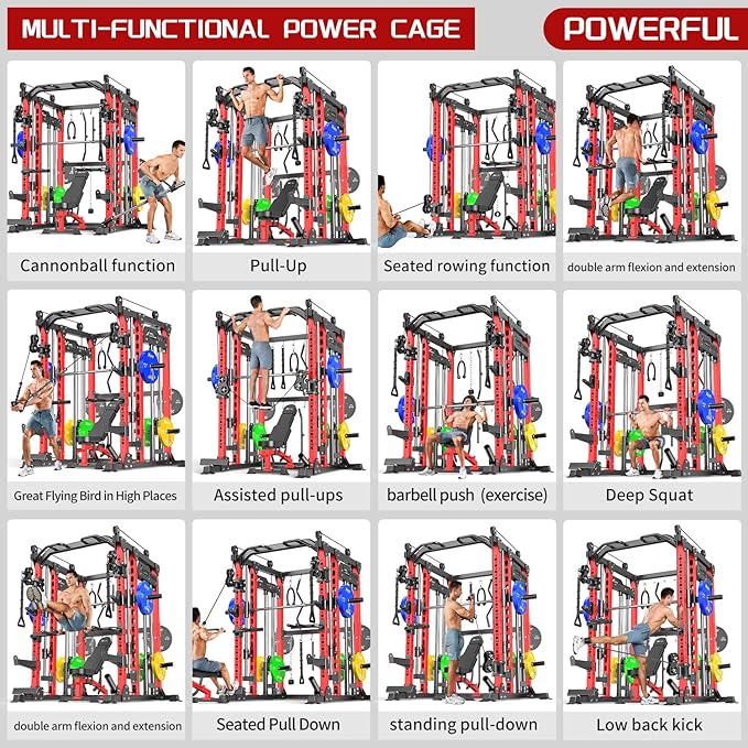 Smith Machine, Multi-Purpose Strength Power Cage with Cable Crossover System and More Training Accessories,Squat Rack Power Rack，Suitable for Home Gyms