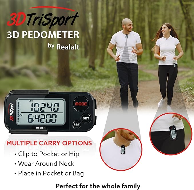 Realalt 3DTriSport Walking 3D Pedometer with Clip & Strap, eBook Included 30 Days Memory Accurate Step Counter, Walking Distance Miles/Km, Calorie Counter, Daily Exercise Time Monitor